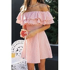 Femmes Mini Robe Robe de remise des diplômes Mode Quotidien Extérieur Fête Coupe régulière Plaid Manche Courte Épaules Dénudées Rose Claire Été