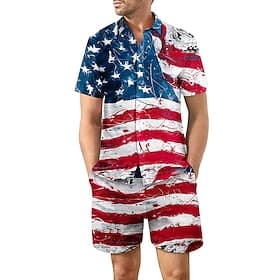 American Independence Day Men's American US Flag 2pcs Shirts Sets Shirt Set Short Sleeve Short Pants Turndown Casual Outdoor Casual Daily 3D Print Summer Red