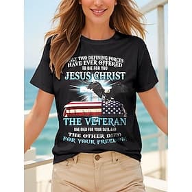 Independence Day Patriotic Women's T Shirt Cotton Shirt Graphic Animal Flag Casual Short Sleeve Round Neck Regular Tops Daily Print Black Summer