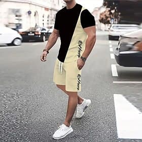 Men's Text / Number Rose 2pcs Tees sets Summer Set Short Sleeve Short Pants Crew Neck Sport Casual Outdoor Vacation Sport 3D Print Summer Black