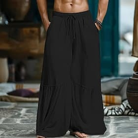 Herren Weite Hosenbeine Leinenhosen Hose Sommerhose Baggy-Hosen Patchwork Kordelzug Elastischer Bund Einfach Komfort Atmungsaktiv Outdoor Yoga Fitnessstudio Mo