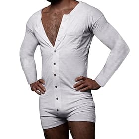 Men's Bodysuit Shorts and T Shirt Set Long Sleeve Crew Neck Summer Solid Color Gymnatics Casual One-piece Button Front Thin Vacation Daily Wear Black White Nav