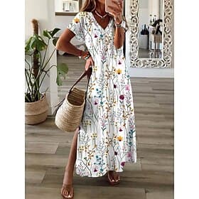 Damen Maxi Kleid A-Linie Kleid Sommerkleid Elegant Urlaub Urlaub Täglich Reguläre Passform Floral Grafik Kurzarm V-Ausschnitt Weiß Sommer Frühling Herbst