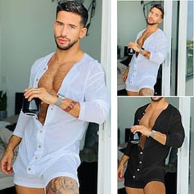 Men's Bodysuit Shorts and T Shirt Set Long Sleeve Crew Neck Summer Solid Color Gymnatics Casual One-piece Button Front Thin Vacation Daily Wear Black White Top