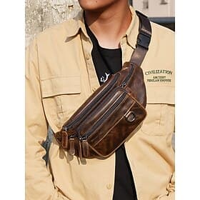 Men's Vintage Leather Sling Bag Fanny pack– Crossbody Chest Pack with Multiple Zipper Pockets, Adjustable Strap, Stylish Travel Everyday Waist Bag Black Brown