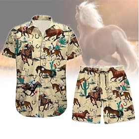 Men's Horse 2pcs Shirts Sets Summer Tops Short Sleeve Short Pants Turndown Casual Outdoor Casual Daily 3D Print Summer Brown