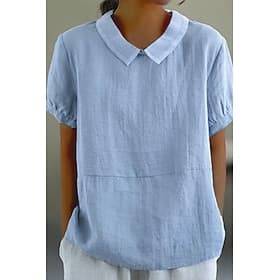 Chemisier/blouse femme 100% coton, froncé, uni, basique, manches courtes, col classique, idéal pour tous les jours et les sorties, bleu, blanc, bleu marine, ét