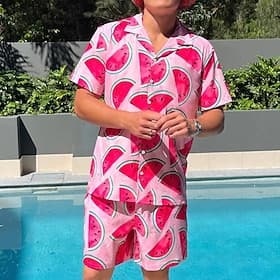 Herren Wassermelone 2St Hemden-Sets Hemd Kurzarm Kurze Hosen Kubanisches Halsband Urlaub Alltagstauglich Party Lässig Täglich 3D-Druck Sommer Rosa