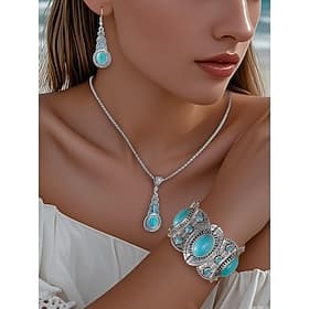 set di gioielli vintage in turchese per donna – collana, orecchini e bracciale in argento bohémien, accessori da cowgirl western per feste e festival