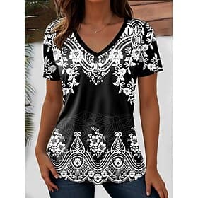 Women's T Shirt Print Graphic Geometric Paisley Bohemia Vintage Stylish Short Sleeve V Neck Regular Tops Daily Going out Beach Wear BlackWhiteRed Black White R