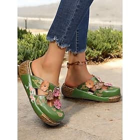Damen-Clogs aus geblümtem Leder – handgefertigte Slip-On-Pantoletten mit Keilabsatz und Cut-out-Design im Bohème-Stil für Freizeitkleidung und Komfort im Freie