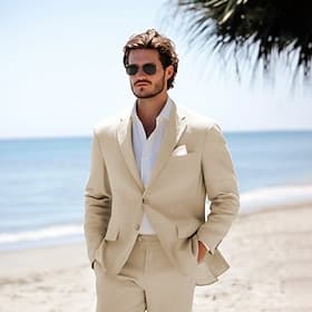 Uomo Smoking Completi in Lino Matrimonio in Spiaggia Cachi Primavera, Autunno, Inverno, Estate Tuta Leggero Casual Tinta unita Vestibilità standard 2 pezzi Mon