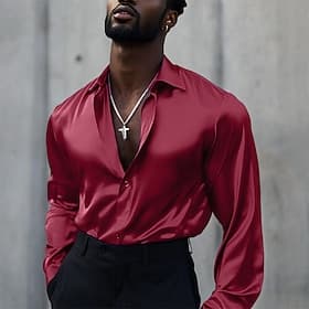 Men's Shirt Satin Shirt Casual Shirt Button Up Shirt Plain Wedding Vacation Black White Wine Blue Long Sleeve Lapel Spring Fall Clothing Apparel Buttons