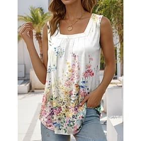Femmes Débardeur caraco Froncé Imprimé Fleuri Graphique Élégant Occasionnel Sans manches Col carré Hauts Réguliers Quotidien Fête Blanche Été Printemps