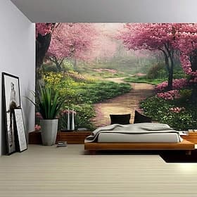 Roter Blumenwaldweg Landschaft hängende Wandteppich Mural Kunst großer Wandteppich Mural Deko Foto Hintergrund Teppich Vorhang Haus Schlafzimmer Wohnzimmer Dek