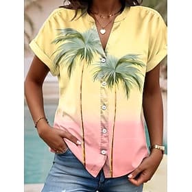 Dames Shirt V Hals Knopen Blouse Zomer Tops Ombre Grafisch Boom Tropisch Dagelijks Hawaïaanse Korte Mouw Shirtkraag Regular Tops Dagelijks Knopen Print Geel Zo