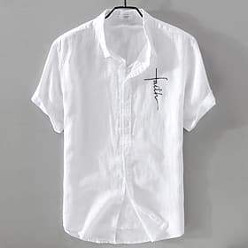 Men's Linen Shirt Casual Shirt Cotton Linen Shirt Button Up Shirt Pattern Vacation Street Black White Pink Dark Navy Short Sleeve Lapel Summer Clothing Apparel