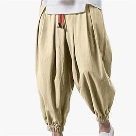 Men's Linen Pants Trousers Summer Pants Bloomers Beach Pants Drawstring Pocket Elastic Waist Plain Comfort Breathable Daily Beach Vacation Casual Loose Navy Bl
