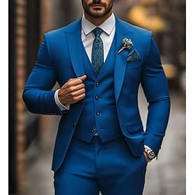 Pour des hommes Smoking Costumes Mariage à la plage Mariage de printemps Bleu Printemps Été Costume / Tailleur Mode Affaires Couleur Unie Coupe Standard 3 piè