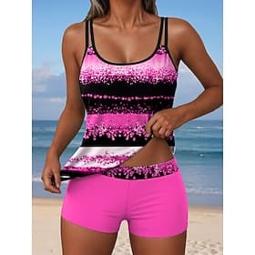 Kvinnenes tankini 2-delt badedrakt shorts ryggen ferie strandbekledning grafisk geometrisk U-hals ermene