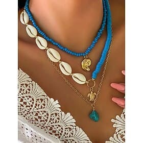 Women's Boho Layered Shell and Bead Necklace Set – Beach-Style Turquoise Pendant and Gold Charms for Summer Vacations and Festivals