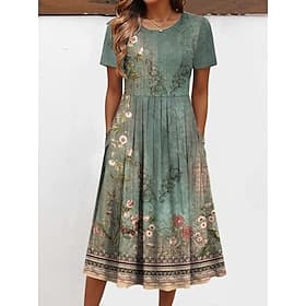 Per donna Abito Midi Vestito T-Shirt Vacanza Casual Quotidiano Vestibilità regolare Floreale Grafico Manica Corta Girocollo Verde chiaro Rosa Verde Beige Estat