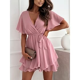 Vestido mini de mujer vestido envolvente vestido en A color sólido vestido de verano casual diario ajuste regular gráfico sencillo manga corta escote en V negr