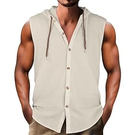 Herren Hemd Leinenhemd Sommerhemd Strandbekleidung Kapuzenhemd Ärmelloses Shirt Einfarbig Lässig Urlaub Weiß Marineblau Himmelblau Grün Ärmellos Kapuzenpullove