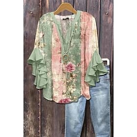 Blouse Femme Col V Manches Volantes Ruffles Tops Floral Graphique Paisley Quotidien Chic Décontracté Manches 3/4 Tops Quotidiens Vacances Imprimé Violet Vert B
