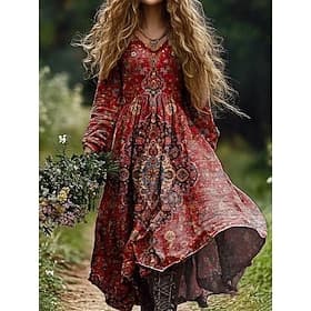 Robe Maxi Femme Boho Robe d'Été Plissée Vacances Décontractée Sortie Plage Coupe Standard Graphique Paisley Manches Longues Col V Vert Foncé Noir Rouge Bleu Ét