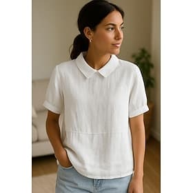 Women's 100% Cotton Cotton Linen Shirt Plain Modern Short Sleeve Shirt Collar Regular Tops Daily Blue White Summer