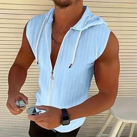 Homme Débardeur Sweats à capuche zippés T-shirt sans manches Sans manches À capuche Été Rayé Bande de Fosse Mode Designer Sportif Fermeture intégrale Occasionn