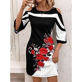Femmes Mini Robe Robe Décontractée Moulant Robe d'été Mode Moderne Quotidien Extérieur Week-end Coupe régulière Fleuri Rayé Manche 3/4 Col ras du cou Noir Blan