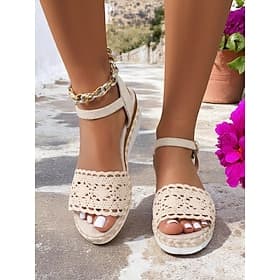 Sandales compensées beiges en crochet pour femme – style espadrille bohème à plateforme et bride cheville pour les vacances d'été, les promenades à la plage et