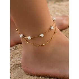 Bracelet de cheville double couche en strass pour femme – élégant bijou de pied de plage en chaîne dorée pour l'été, les vacances et le quotidien