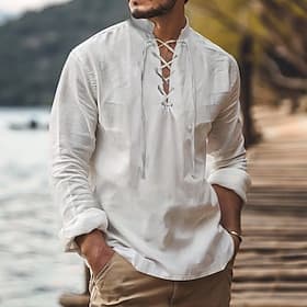 Homme Chemise Style Viking Chemise d'été Tenue de plage Chemise de pirate Couleur Unie Vacances Fête Blanche bleu marine Bleu Ciel Vert manche longue Col monta