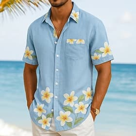 Men's Linen Shirt Beach Wear Summer Hawaiian Shirt Button Up Shirt Aloha Shirt Hawaii Vacation Casual Blue Short Sleeve Turndown Summer Spring Clothing Apparel
