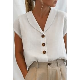 Damenbluse aus 100 % Baumwolle mit Knopfleiste, schlicht, lässig, kurzärmelig, V-Ausschnitt, weiß, für den Sommer.