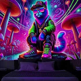 Tenture lumineuse sous lumière noire glow in the dark fête luminescente réactive aux UV motif de chat de rue paysage naturel brumeux trippant œuvre d'art mural