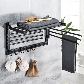 porte-serviettes en acier inoxydable, porte-serviettes de salle de bain avec étagère, étagère à serviettes pliable avec crochets mobiles support mural de stock