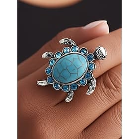 Anillo vintage de tortuga para mujer con turquesa azul: joya bohemia con diseño animal para vacaciones en la playa, festivales y ropa informal.