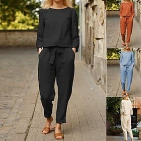 Per donna Set di biancheria in cotone Set da due pezzi Maglietta Pantaloni di Lino Pantaloni Manica Lunga Girocollo Semplice Coulisse Moda Streetwear Abbigliam