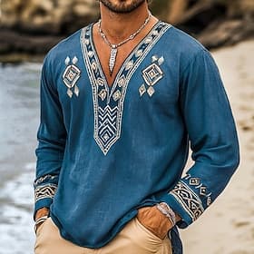 Per uomo Camicia Camicia di lino Stile vichingo Camicia Estiva Abbigliamento da spiaggia Camicia pirata Tinta unica Vacanza Streetwear Blu Manica Lunga Collett