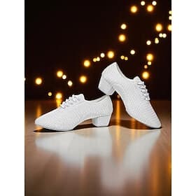 Women's White Mesh Latin Dance Shoes with Low Chunky Heels and Sparkling Rhinestones - Breathable Professional Ballroom Footwear for Performers and Competition