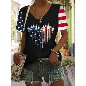 Independence Day Patriotic Women's T Shirt Graphic Flag Vintage Stylish Classic Short Sleeve V Neck Regular Tops Daily Weekend Print Black White Red Blue Summe