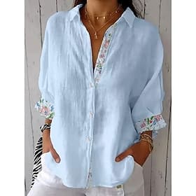 Chemisier Femme Lin Comme Respirant Léger Chemise Tunique Boutonnée Col Manches Longues Floral Graphique Vintage Quotidien Chic Hauts Normaux Travail Quotidien