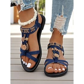Women's Navy Blue Boho Floral Beaded Flat Sandals Vintage-Inspired Comfortable T-Strap Summer Shoes for Casual Outings, Beach Vacations, and Daily Wear