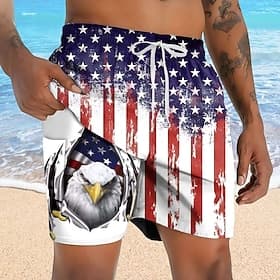 Independence Day Men's 4th of July U.S. 250th Anniversary Eagle US Flag Lined Shorts 2 in 1 Board Shorts Swim Trunks Mid Waist Holiday Side Pockets With Compre