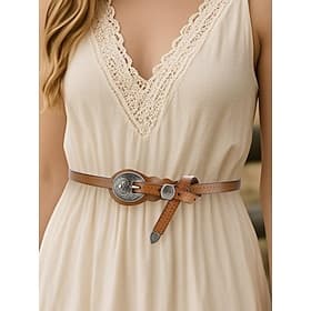 Damen-Western-Hüftgürtel aus Kunstleder mit geschnitzter Vintage-Silberschnalle für Boho-Kleider, Sommerkonzerte und Country-Hochzeits-Outfits