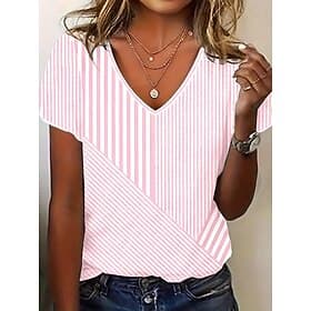Women's T Shirt Striped Stylish Casual Short Sleeve V Neck Regular Tops Daily Print Pink Summer Spring